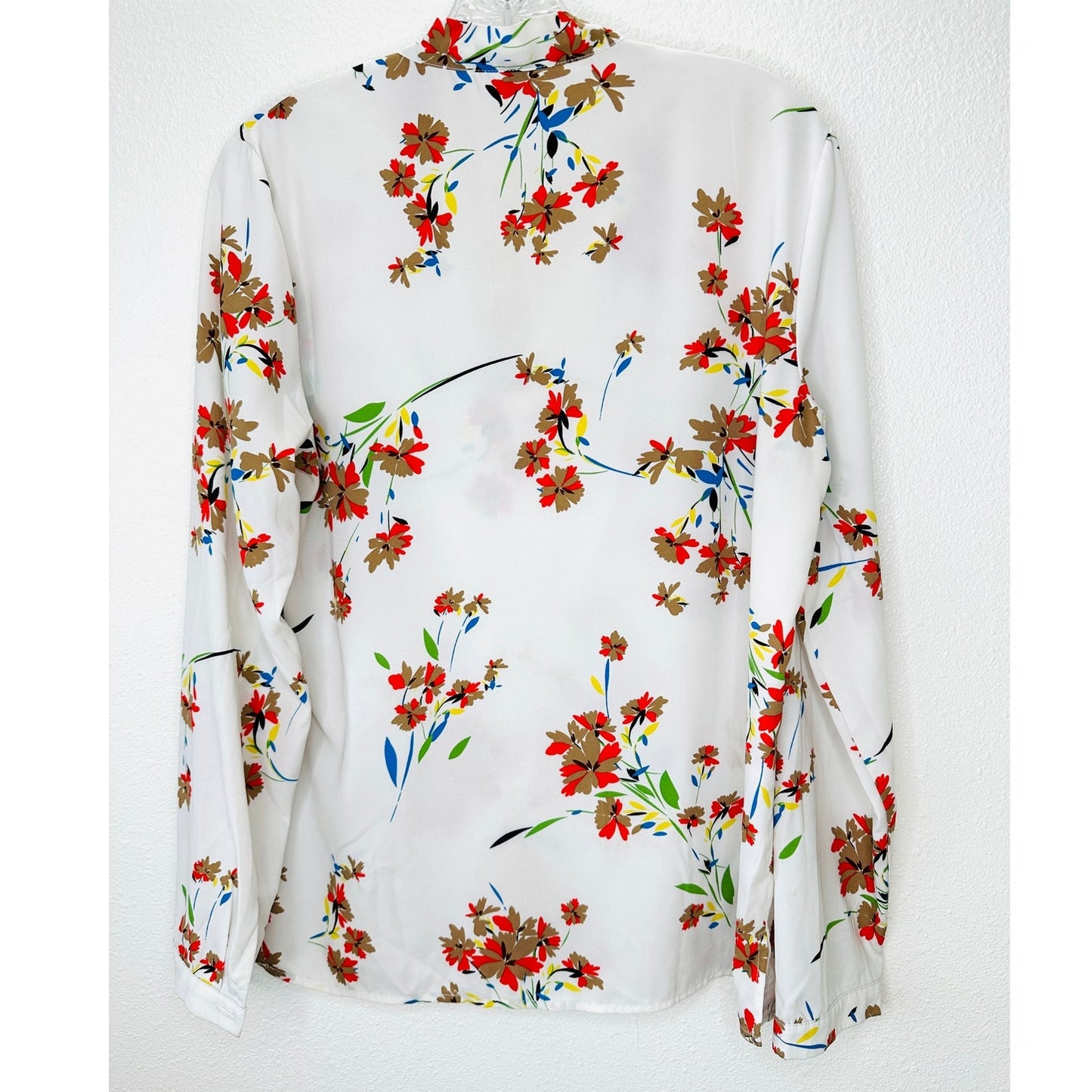 Off White Red Brown Blue Floral Long Sleeve Tie Neck Blouse Top L