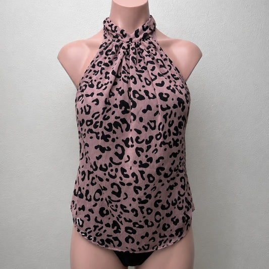 Bishop + Young Dusty Pink & Black Cheetah Print Tie Neck Blouse S