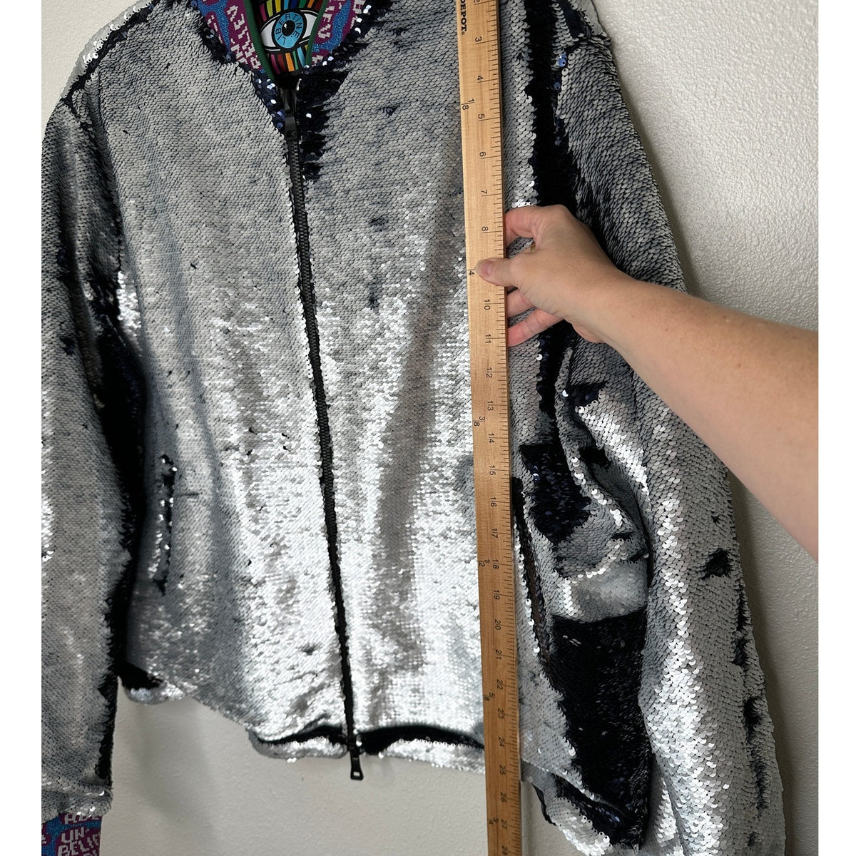 Libertine Silver Black Reversible Sequin Front Zip Long Sleeve Bomber Jacket XL