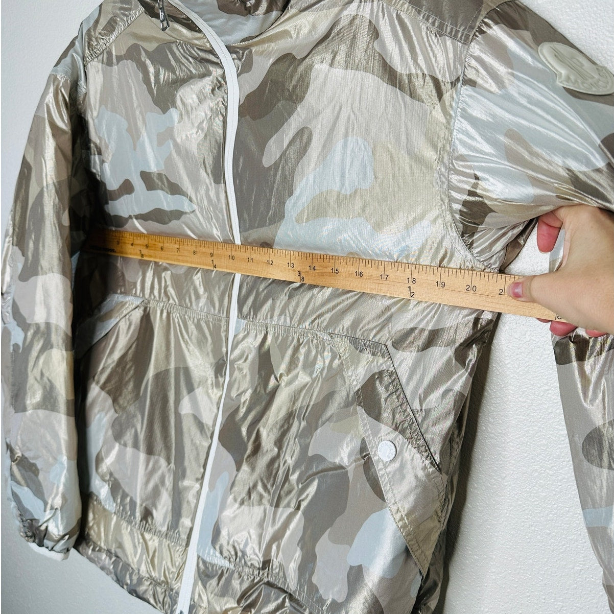 Moncler Menchib Metallic Camo Hooded Jacket Sand Cream Lightweight Zip Coat