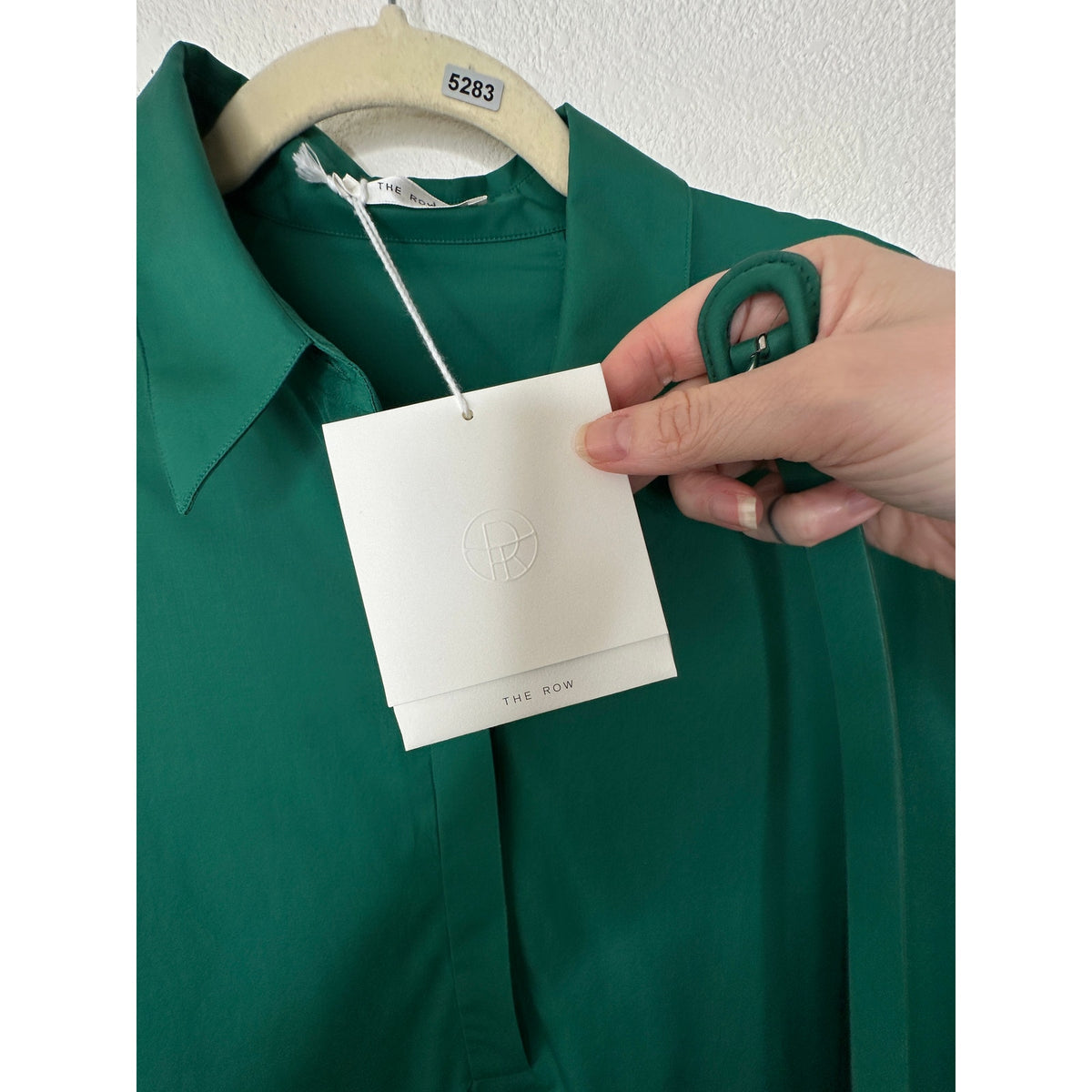 NWT The Row Green Tanita Long Sleeve 3/4 Button Collared Belted Shirtdress L