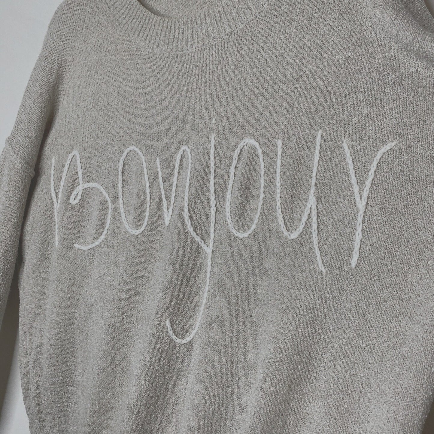 William B Taupe Bonjour Embroidered Oversize Distressed Sweater Long Sleeve S