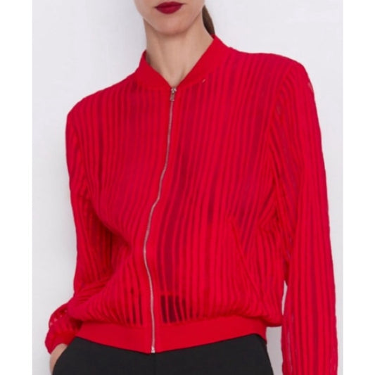 Zara Red Organza Sheer Striped Bomber Jacket Front Zip XS