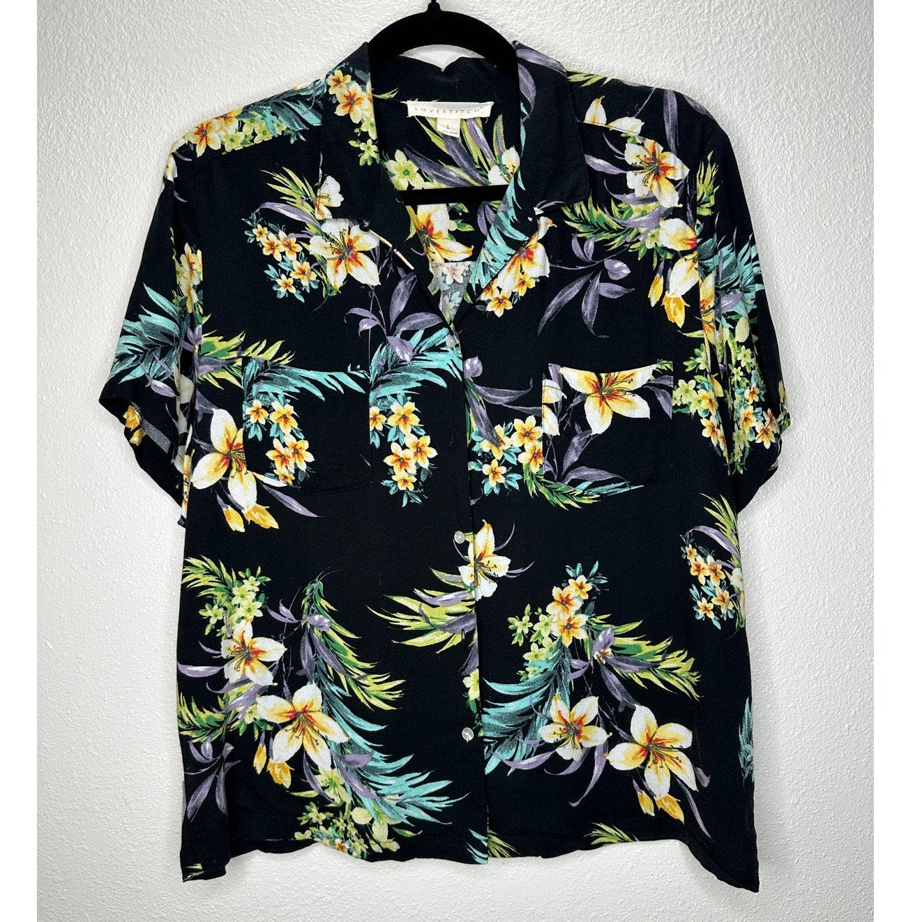 Lovestitch Black Teal Yellow Multi Color Short Sleeve Collared Button Hawaiian Shirt L