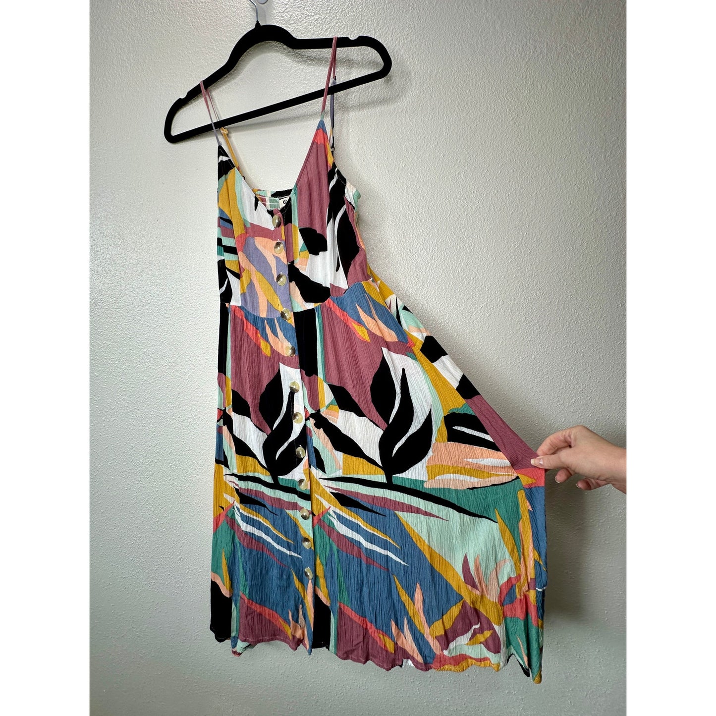 Rip Curl Black White Blue Abstract Tropical Print Button Front Swing Dress Boho M
