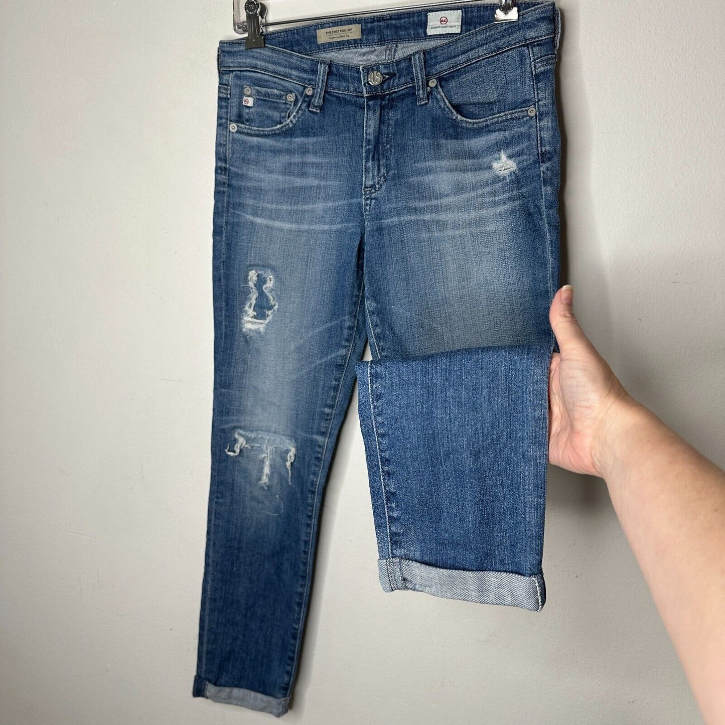 Ag Adriano Goldschmeid Distressed Med Wash The Stilt Cigarette Roll Up Jeans 27