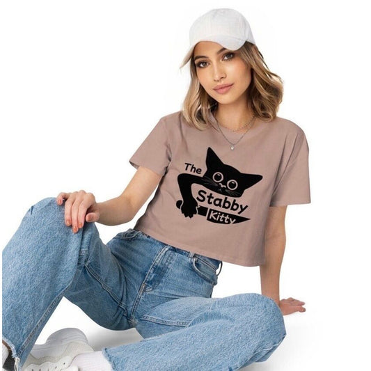 The Stabby Kitty® Soft Cotton Pink Black Logo Relaxed Drop Shoulder Crop XL