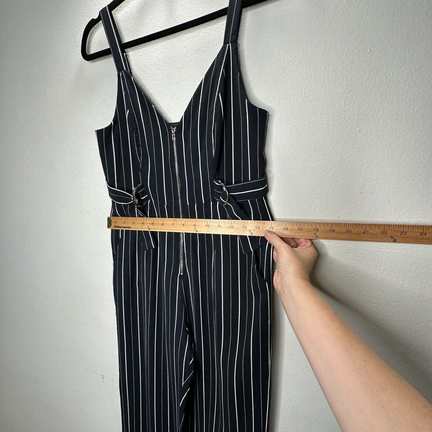 Dance & Marvel Black & White Pinstripe Cinched Sides Wide Leg Front Zip Jumpsuit