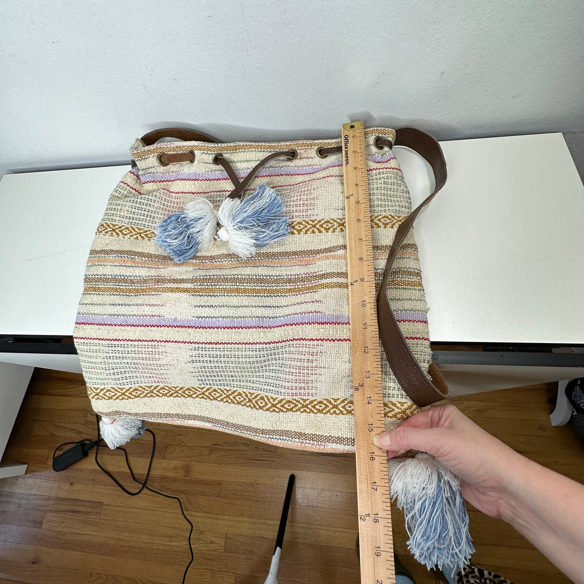 Lovestitch Tan Multicolor Striped Canvas Boho Bag Drawstring Snap Closure