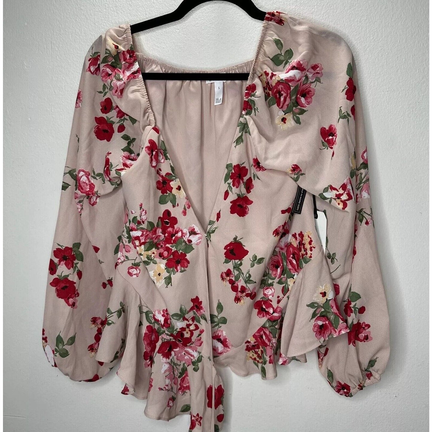 NWT Leith Pink Adobe Taupe Pink Red Floral Print Bell Sleeve Ruffle Wrap Top S
