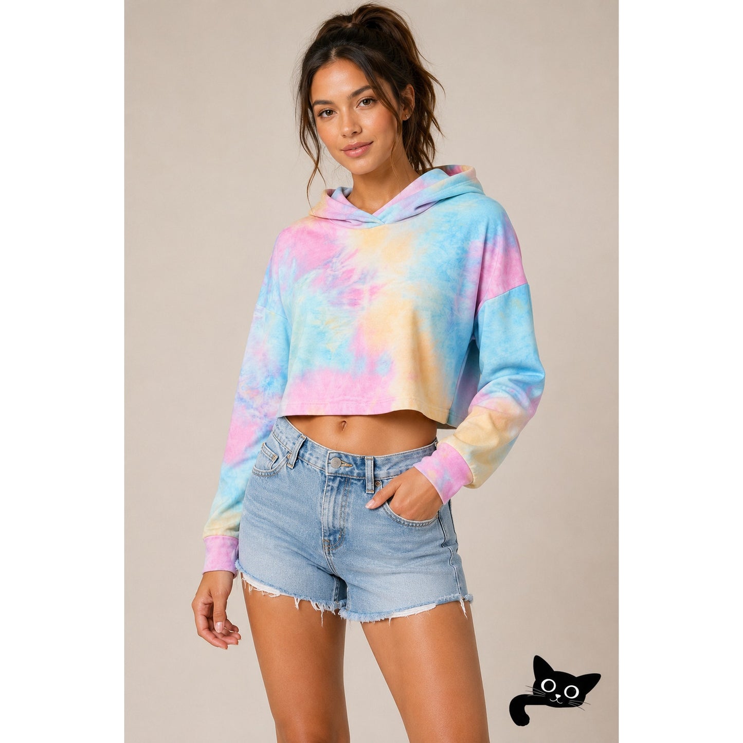 Lightweight Pale Pink Blue Tie Dye Drop Shoulder Long Sleeve Crop Hoodie Small