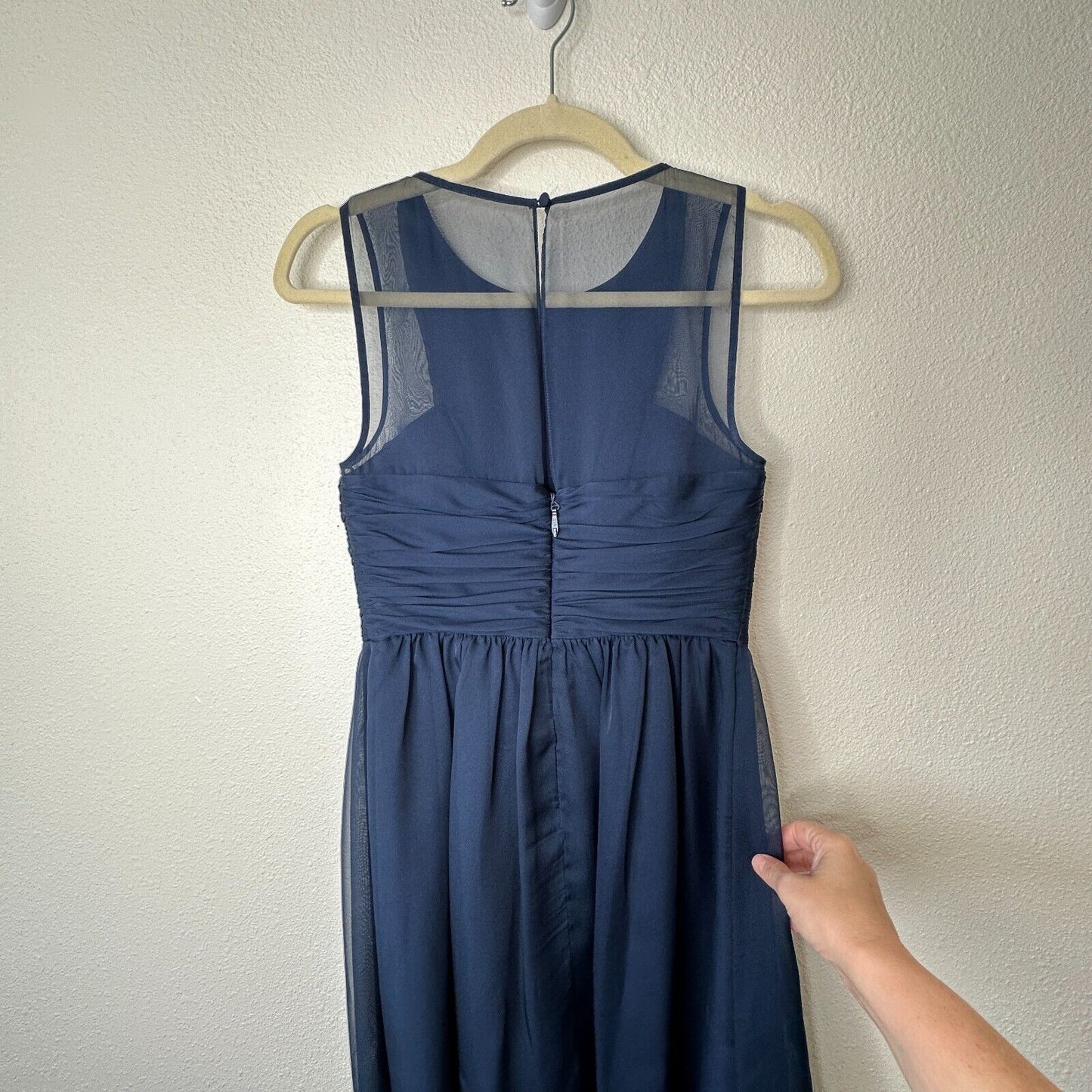 Hitherto Daylily Navy Sheer Shoulder Sleeveless Dress Ruched Side & Back Waist 0