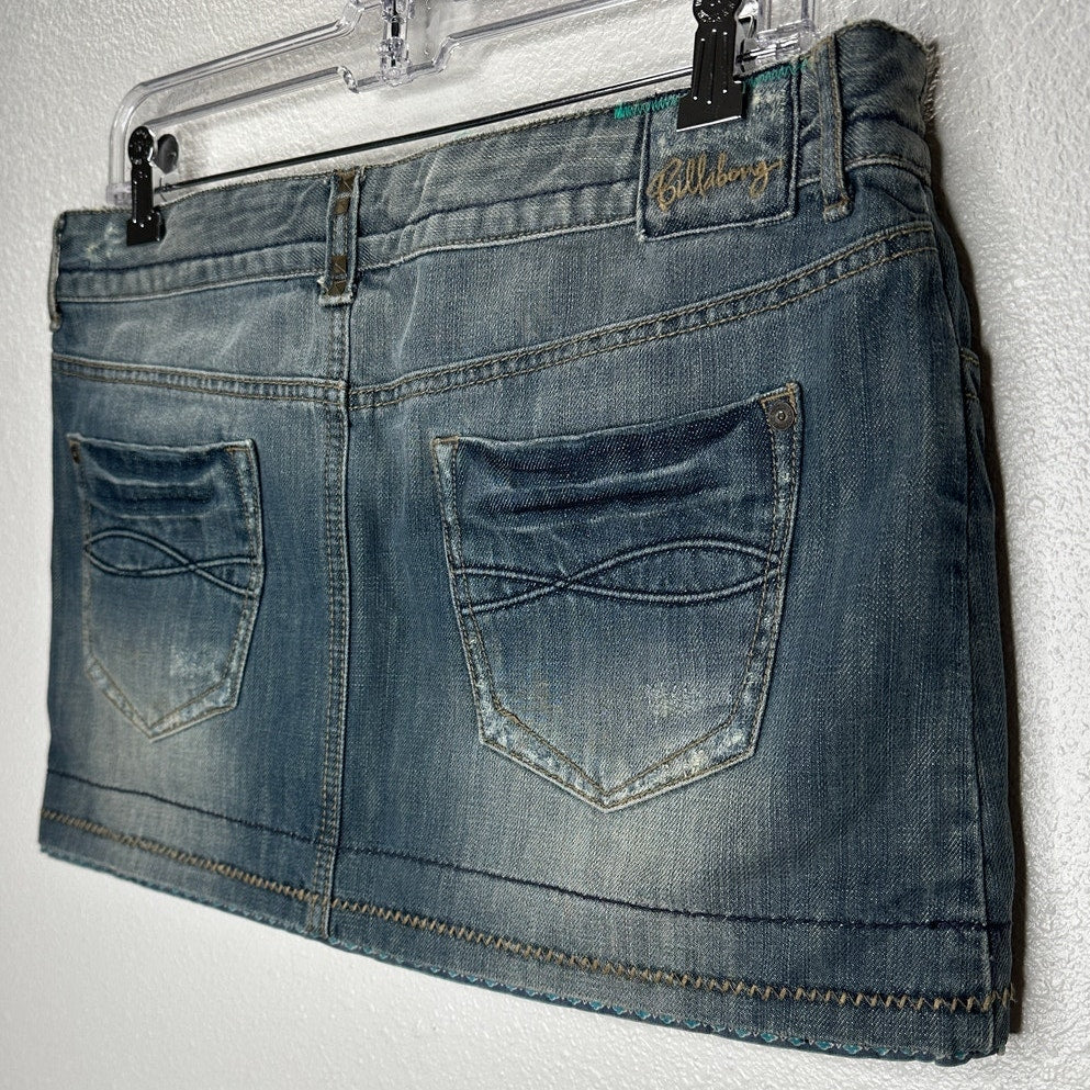 Billlabong Y2K Medium Wash Low Rise Tan Stitching Jean Skirt 7