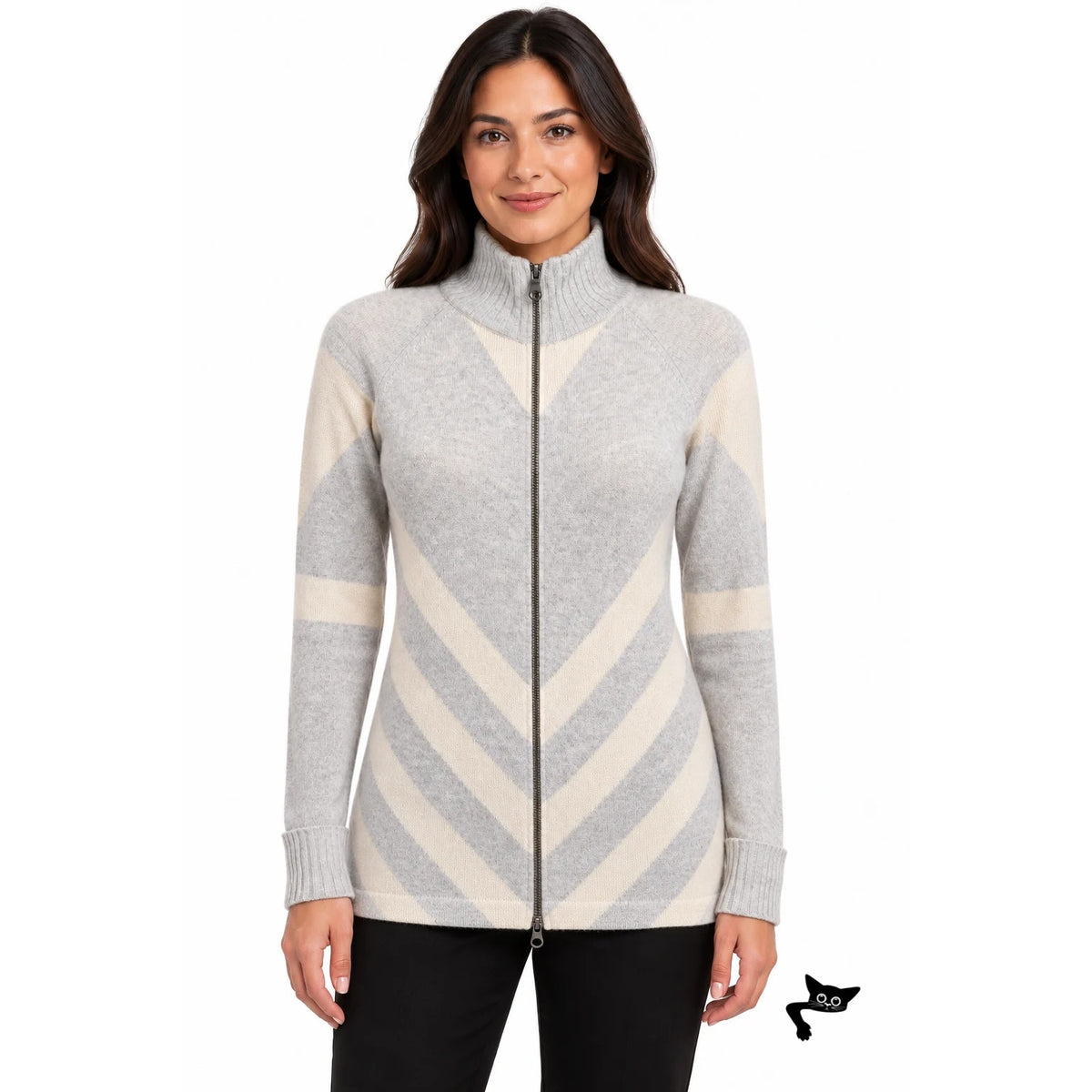 Minnie Rose Gray Ivory Cashmere Zip Cardigan Women S