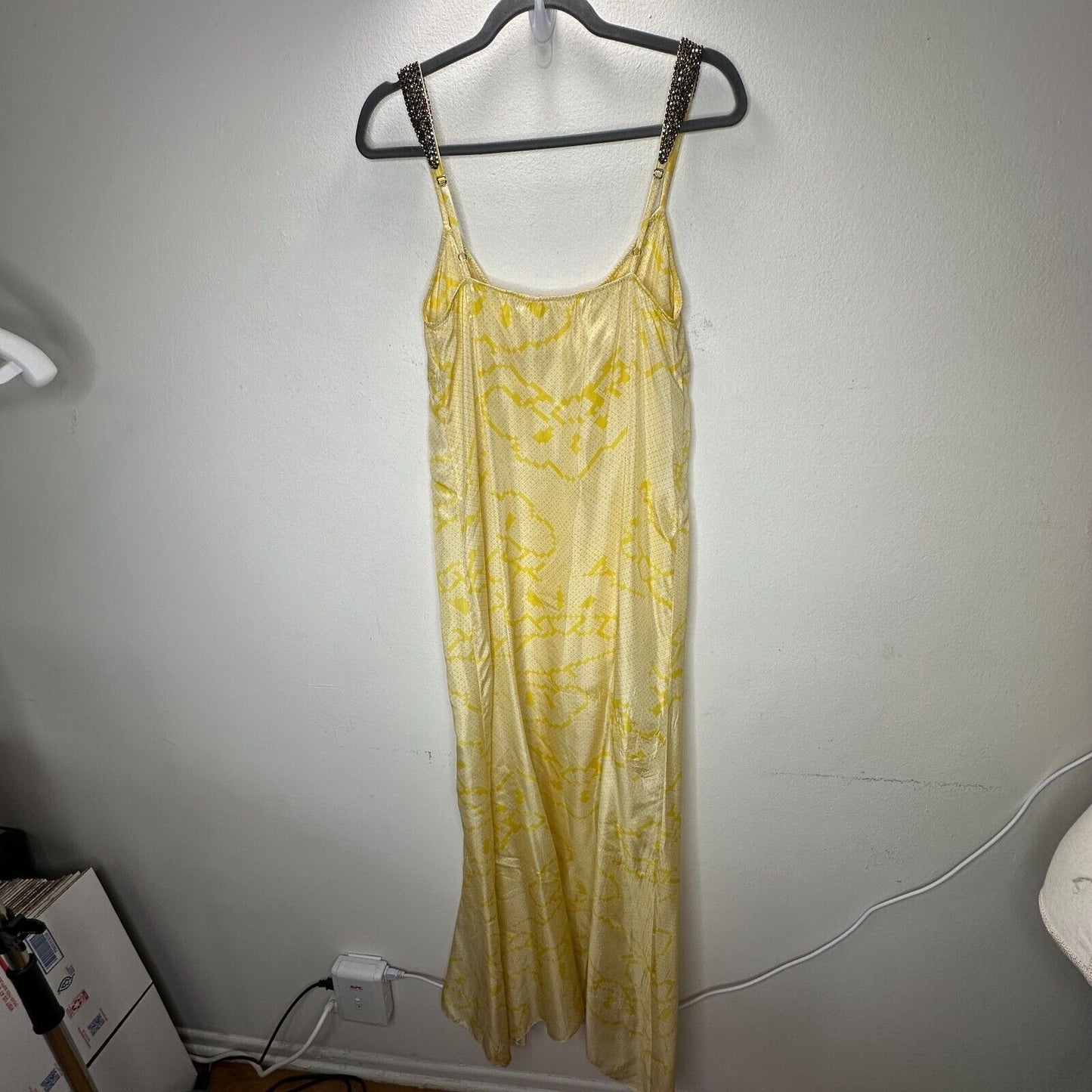YA-YA 100% Silk Yellow Snake Print Round Neck Amber Beaded Straps Slip Maxi S