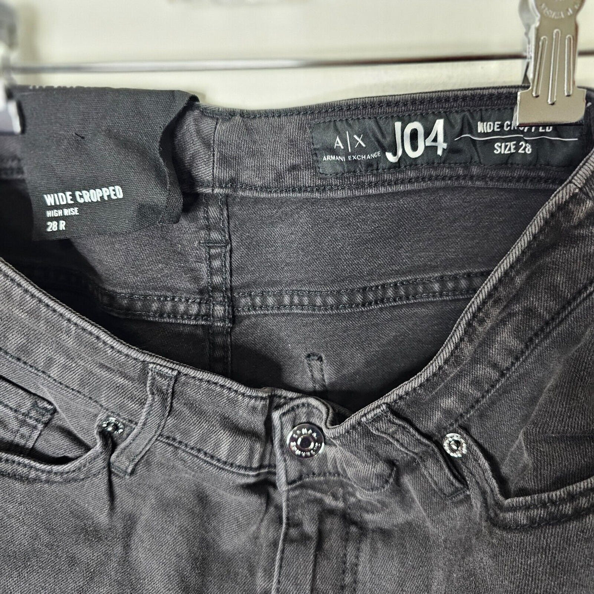 NWOT Armani Exchange Dark Gray J04 Wide Cropped Silver Beaded Fringe Jean 28R