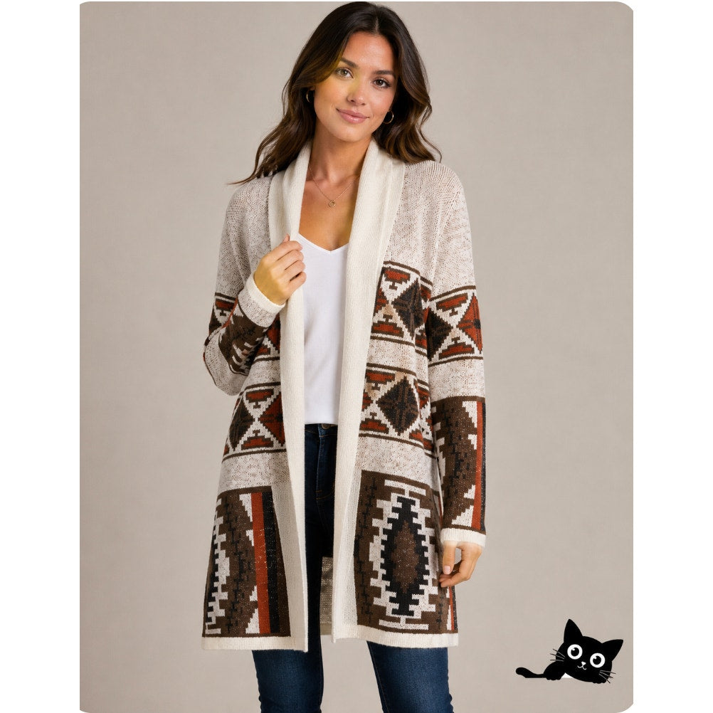 Mags & Pye Cream Brown Rust Native Aztec Print Longline Cardigan Sweater Medium