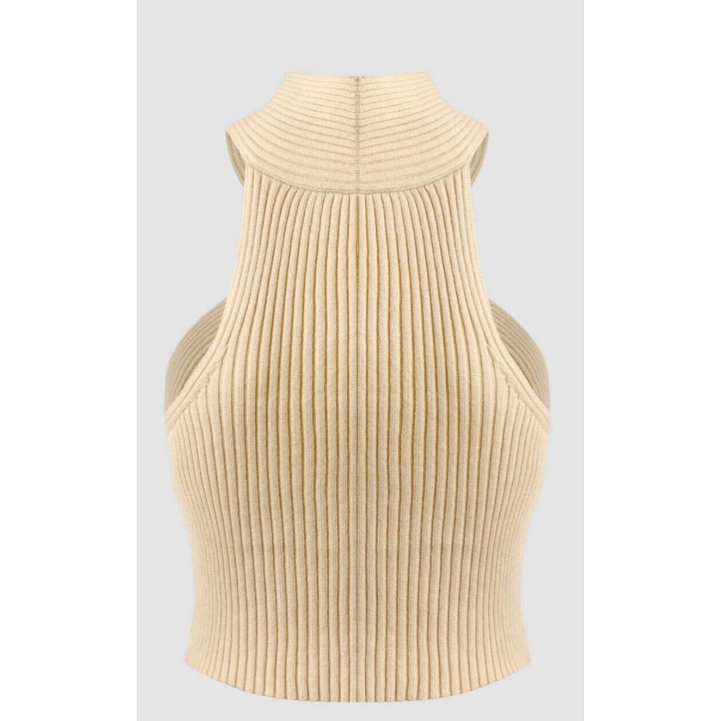 Cider Beige Ribbed Knit Sleeveless Criss Cross Front Halter Stretch Crop Top XL