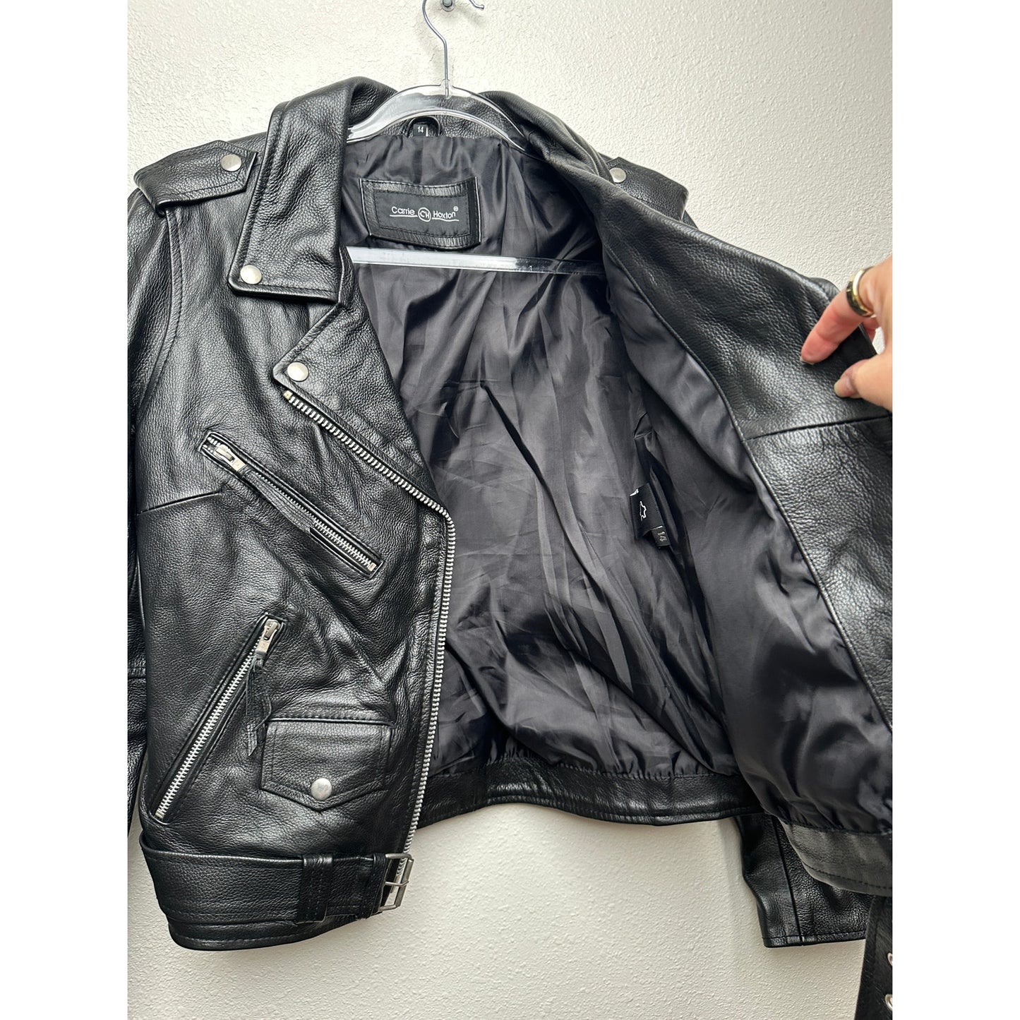 Carrie Hoxton Black Leather Moto Biker Jacket Women’s 14 Belted Zip