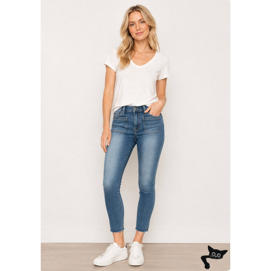Hollister Medium Wash Crop Patch Pocket Hi-Rise Denim Skinny Jean Raw Hem 23 00