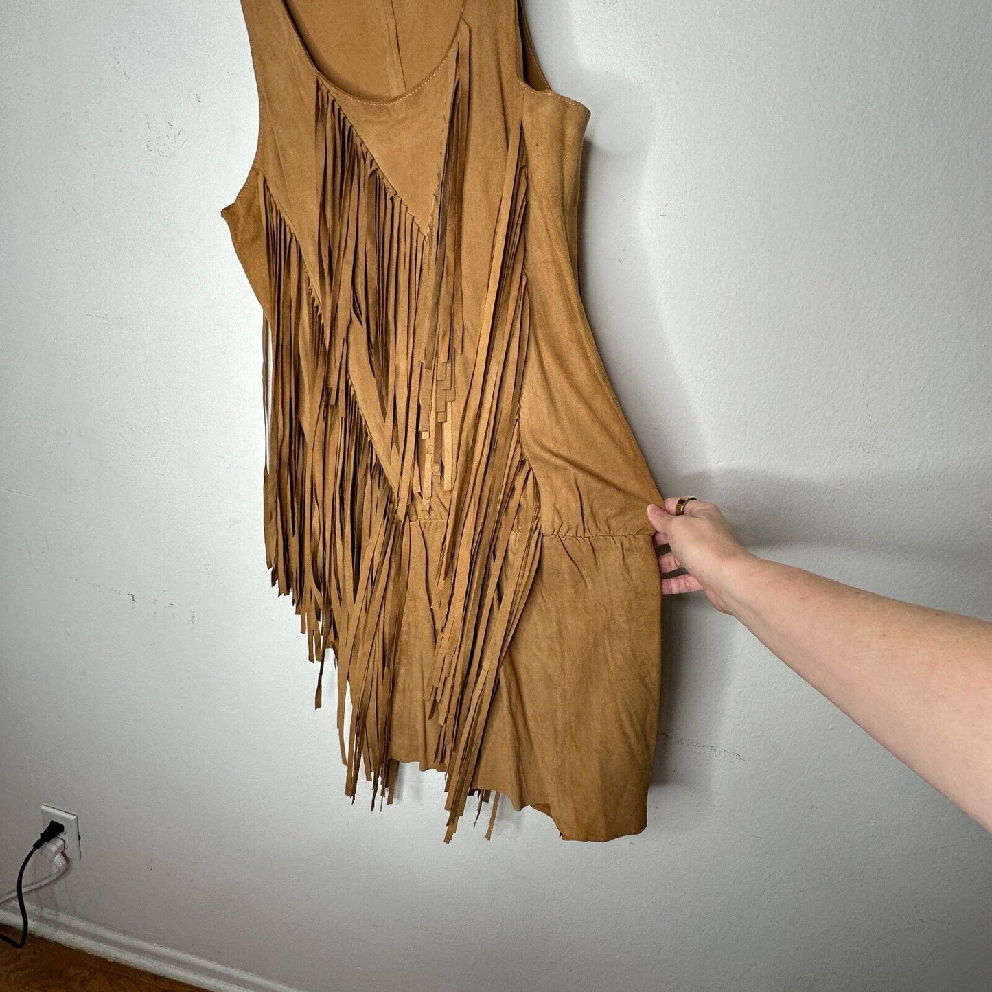 Belair Calvi Camel-Tan Goat Suede Sleeveless Fringed Scoop Neck Mini Dress T2