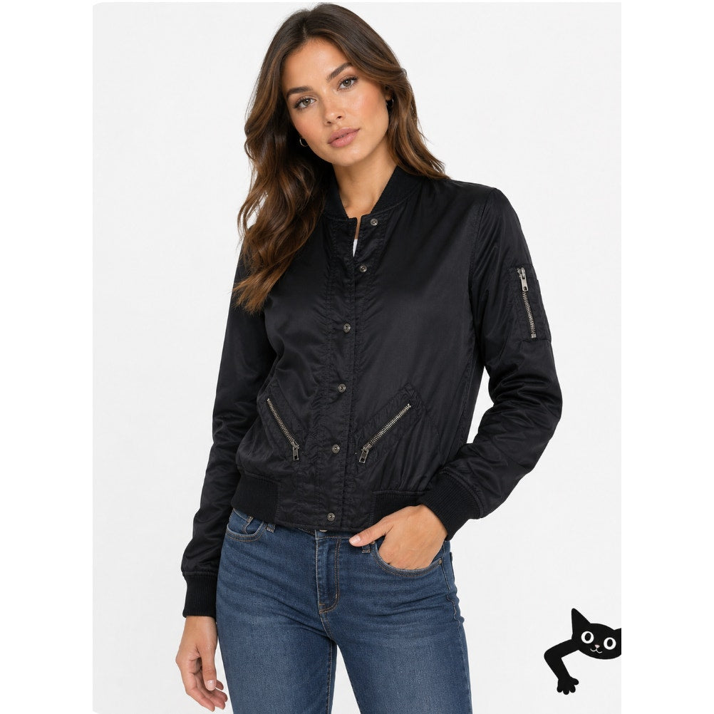Guess Black Front Snap Bomber Jacket Zip Front & Sleeve Pockets XS