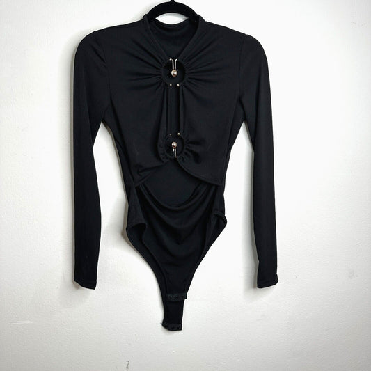 Sophie Anne Keyhole Black Bodysuit Gold Tone Hardware Long Sleeve Rib Knit 2
