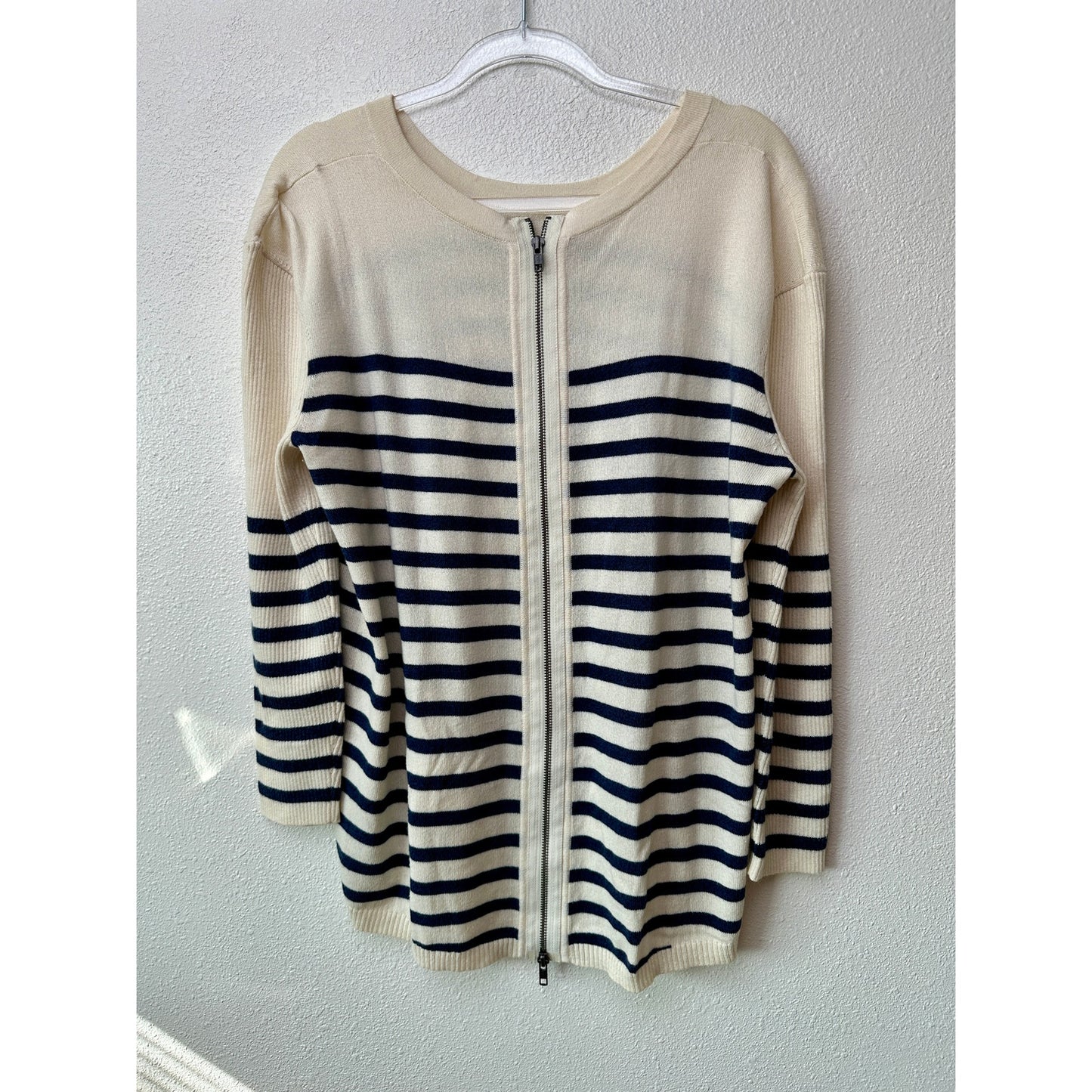Vince Striped Sweater Cream Navy Women's US L High Low Back Zip