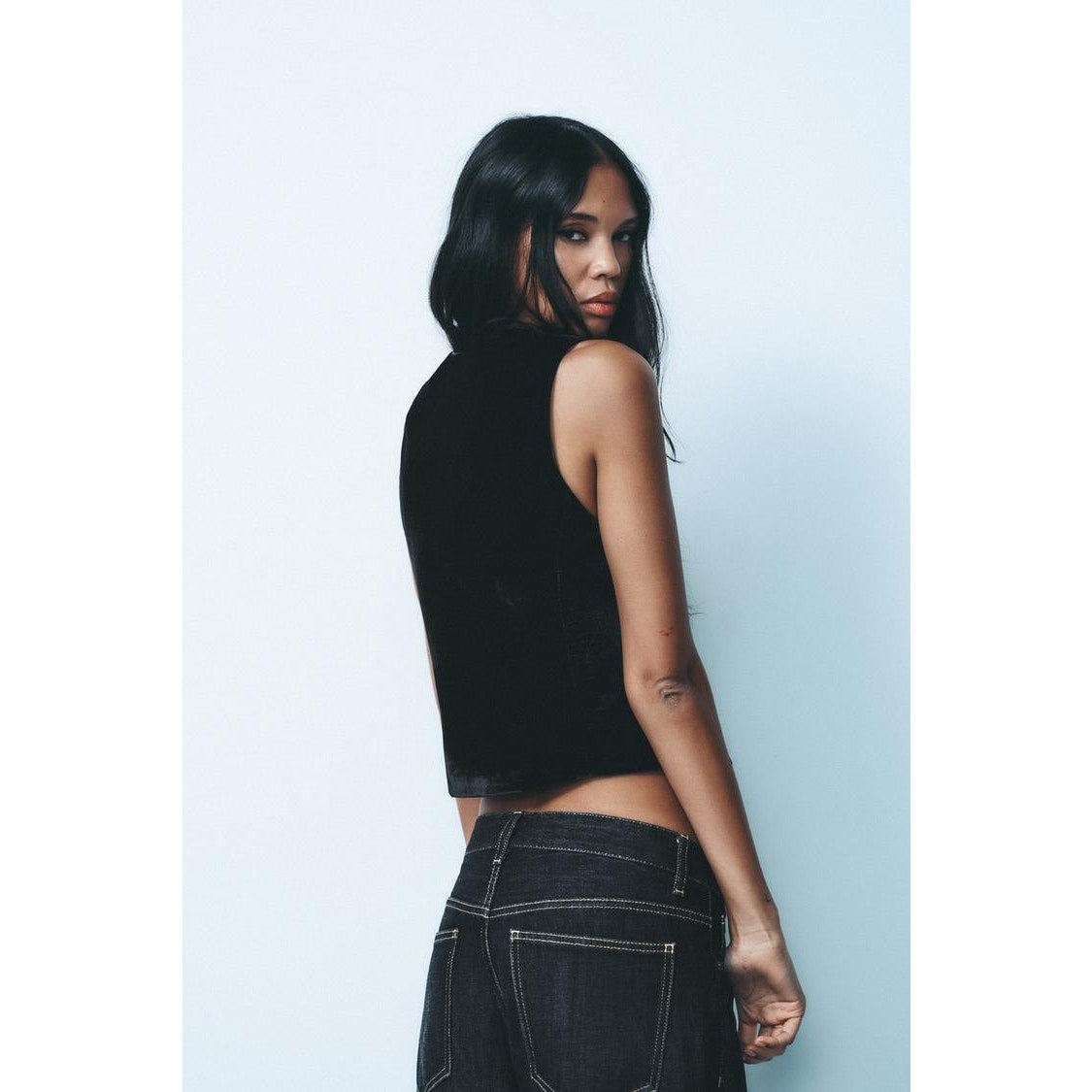 Zara Black Velour Tailored Button Front Vest  Front Flap Details XS