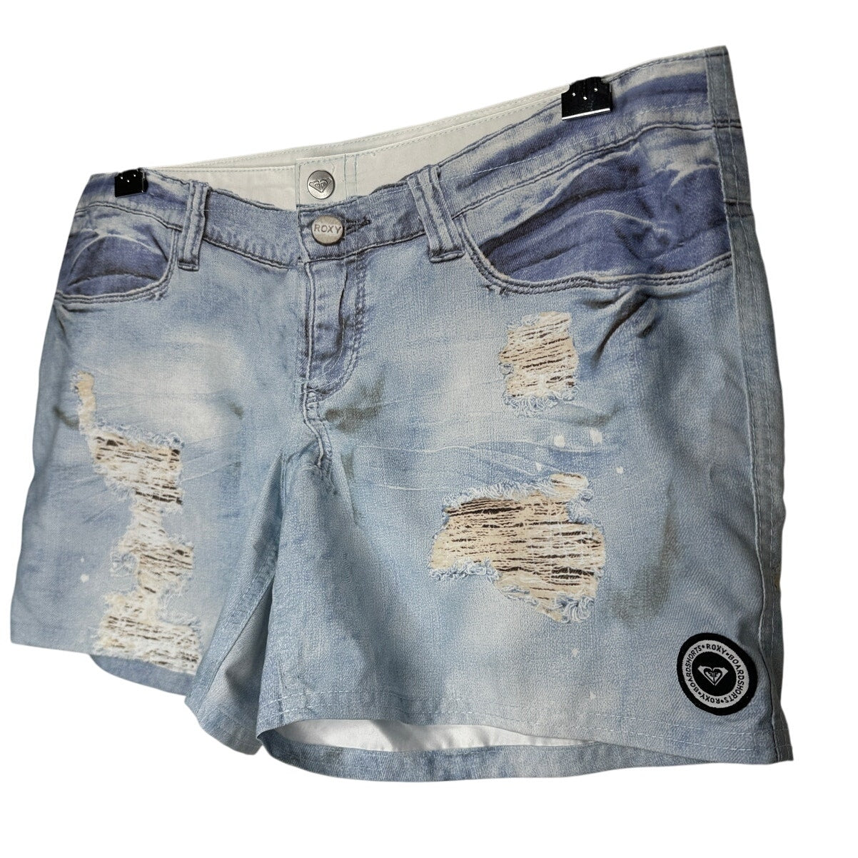 Roxy Estilo Faux Distressed Blue Jean Print On Poly Shorts 7