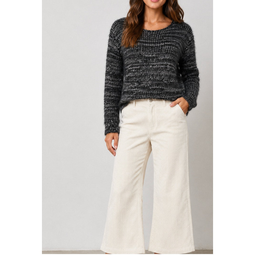 Elan Black Gray Marled Fuzzy Long Sleeve Round Neck Cable Knit Sweater Small