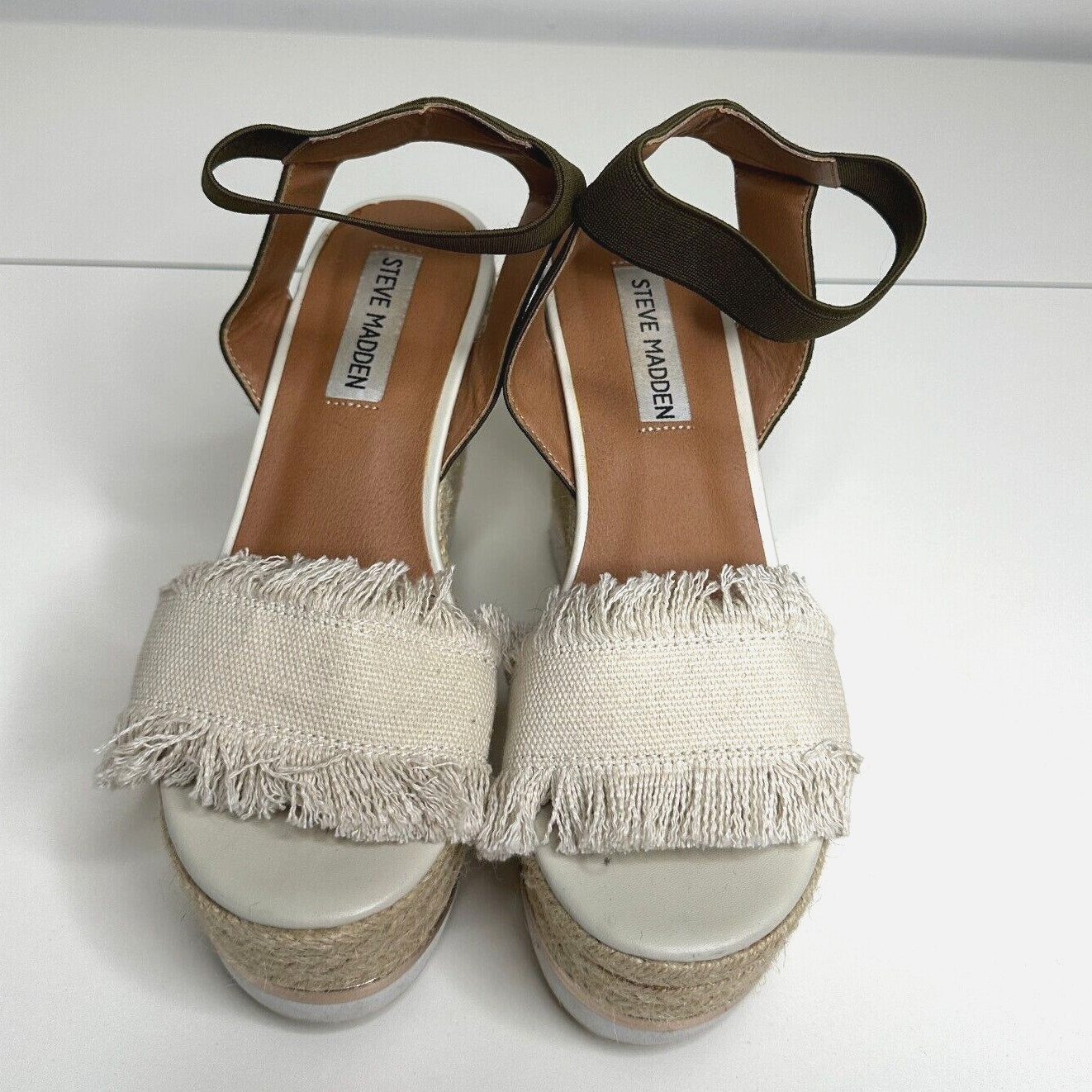 Steve Madden Venus Wedge Beige Fringed Canvas Green Ankle Espadrille Wedges 5.5
