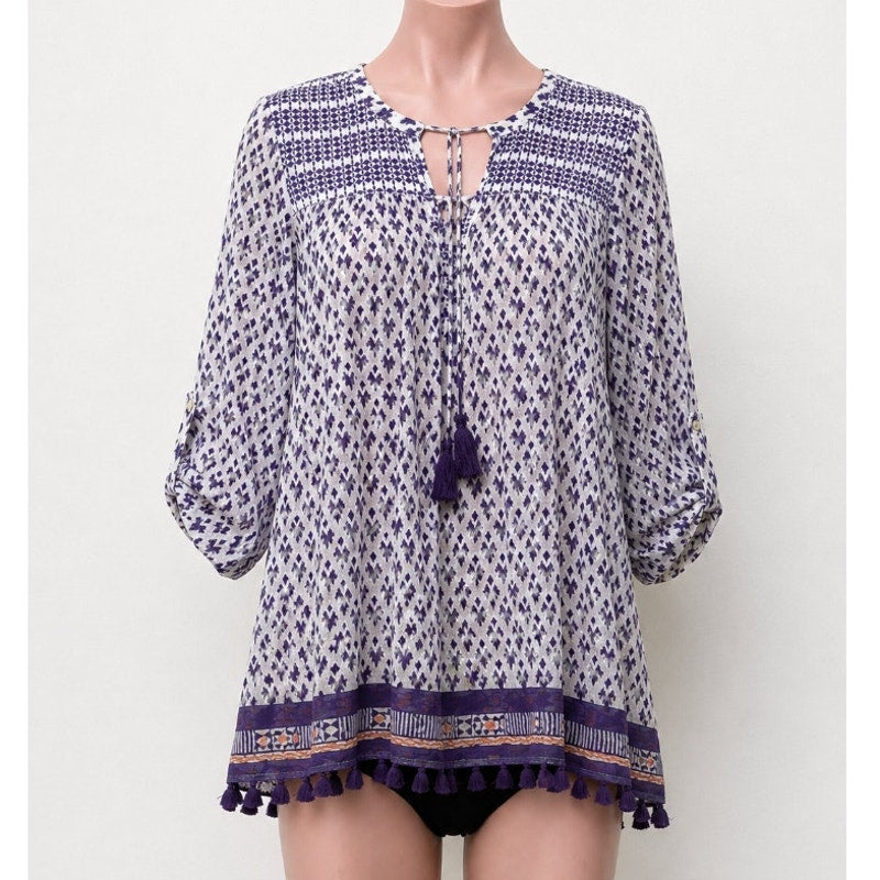 Roberta Roller Rabbit White Purple Sheer Serafina Pom Pom Tunic Top Tie Tassels