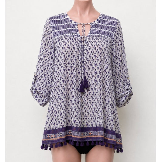 Roberta Roller Rabbit White Purple Sheer Serafina Pom Pom Tunic Top Tie Tassels