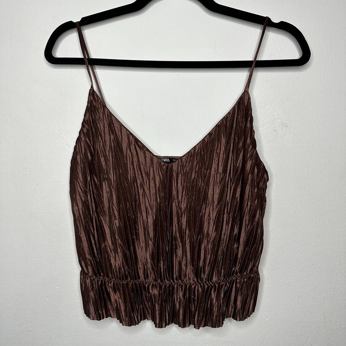 Zara Bronze Brown Travel Crinkle Satin Peplum Tank Spaghetti Strap V-Neck S