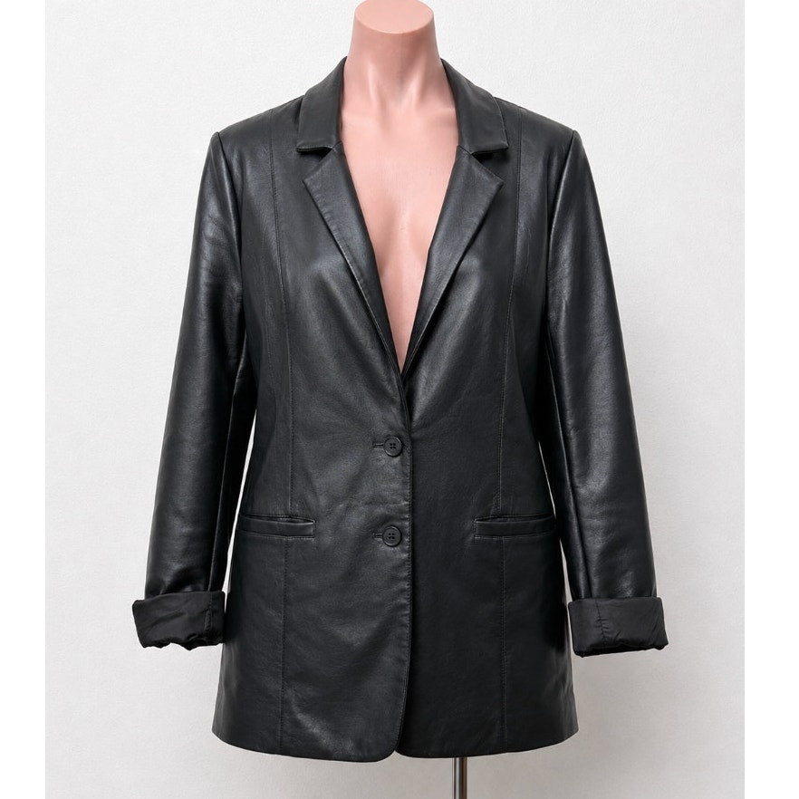 Black Leatherette 2-Button Narrow Lapel Welt Pockets Button Sleeve Blazer Medium