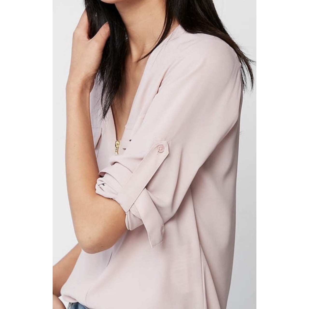 Express Pale Peach Two Pocket Zip Front Roll Tab Sleeve Popover Top M