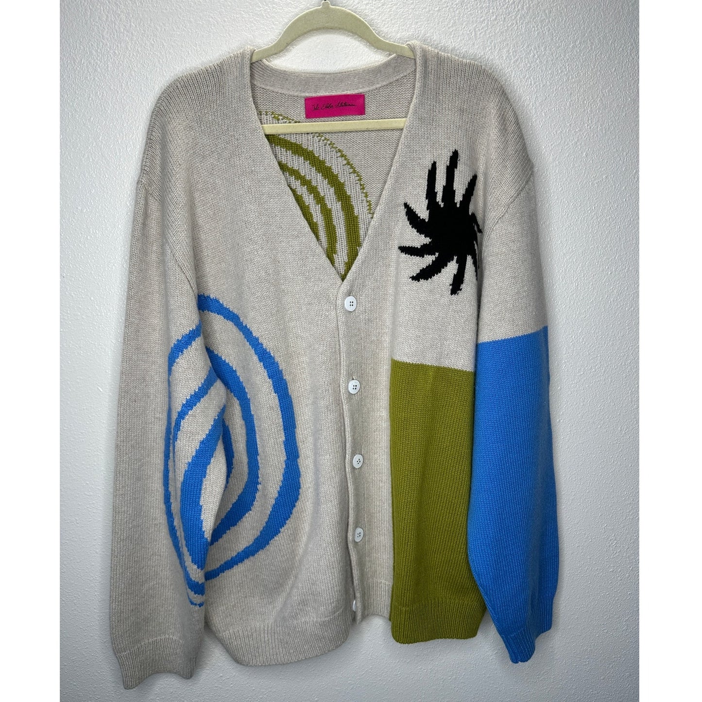 The Elder Statesman Tan Blue Green Block & Spiral Cashmere Cardigan L