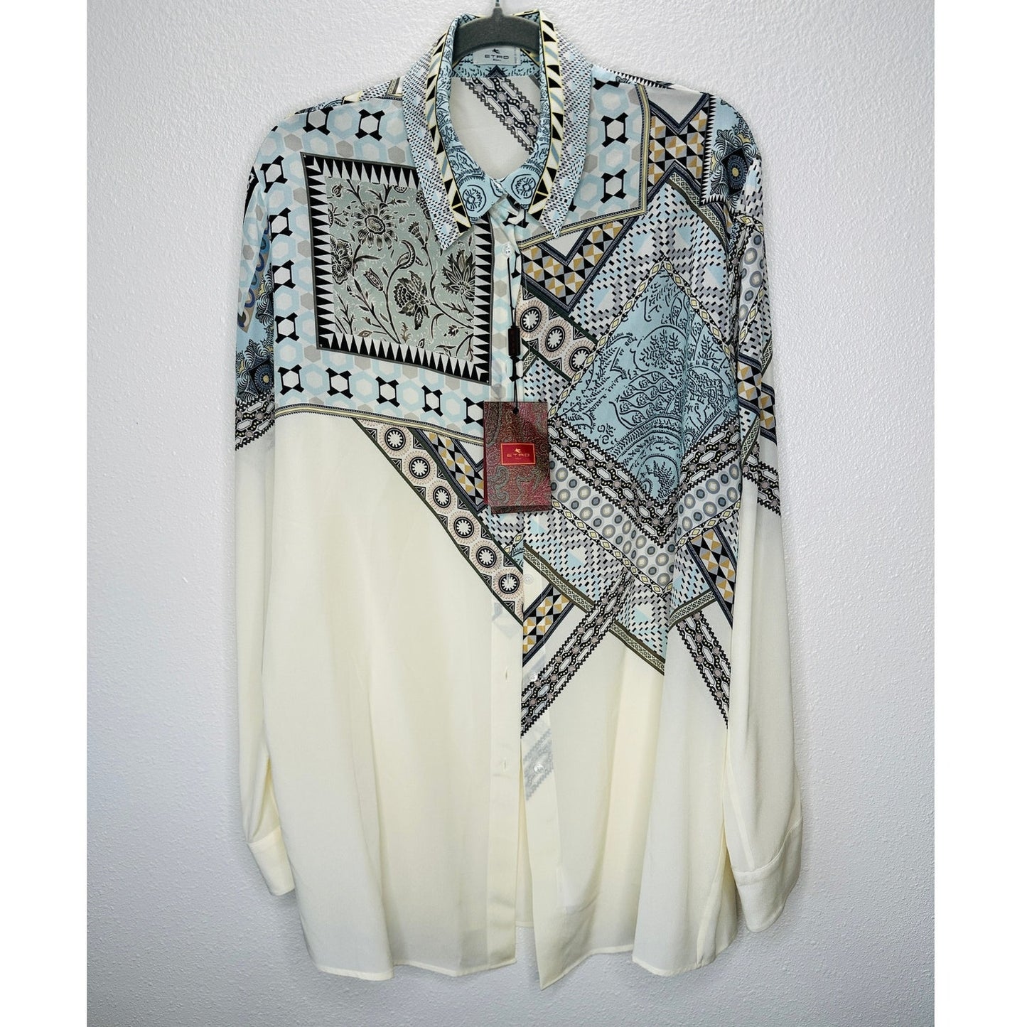 ETRO Pastel Cream Blue Multi Geometric Print Button Collar Silk Blouse  46 / L