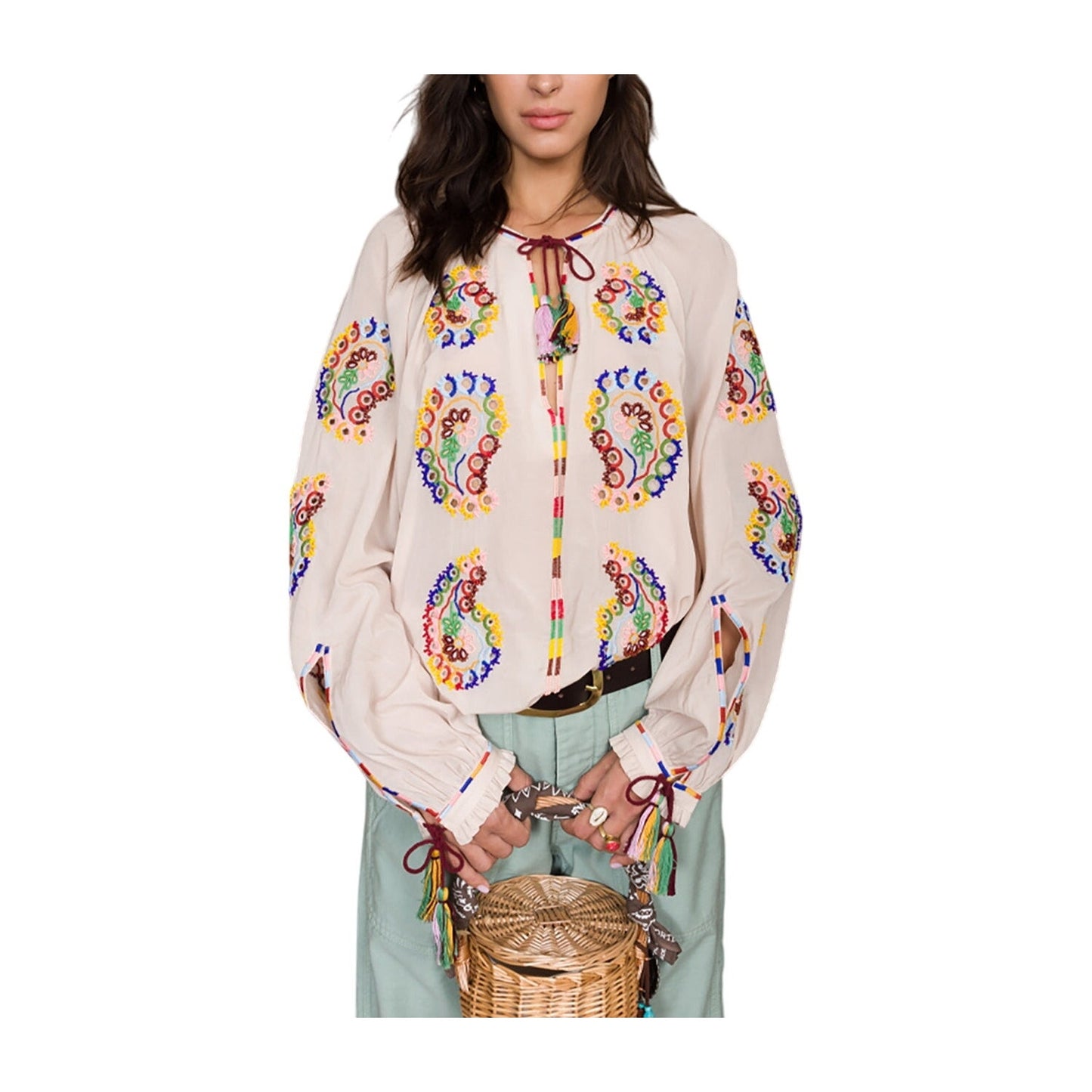 Fortela Ghodsi Tan Multicolor Beade Embroider Print Peasant Blouse 40