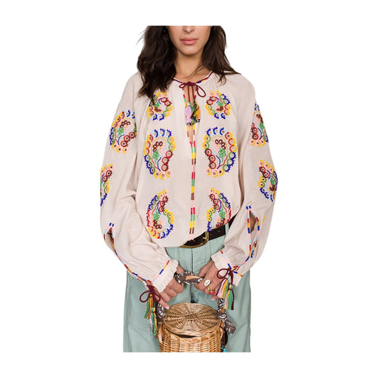 Fortela Ghodsi Tan Multicolor Beade Embroider Print Peasant Blouse 40