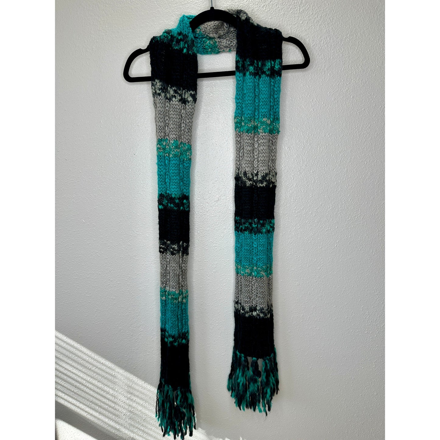Billabong Black Gray & Teal Knit Scarf with Fringe OS