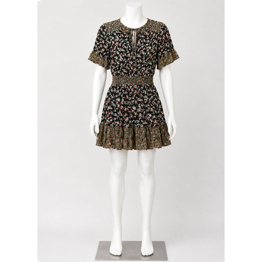 Zara Peasant Boho Black Multi Floral Tiered Ruffle Mini Sundress Tie Front Small