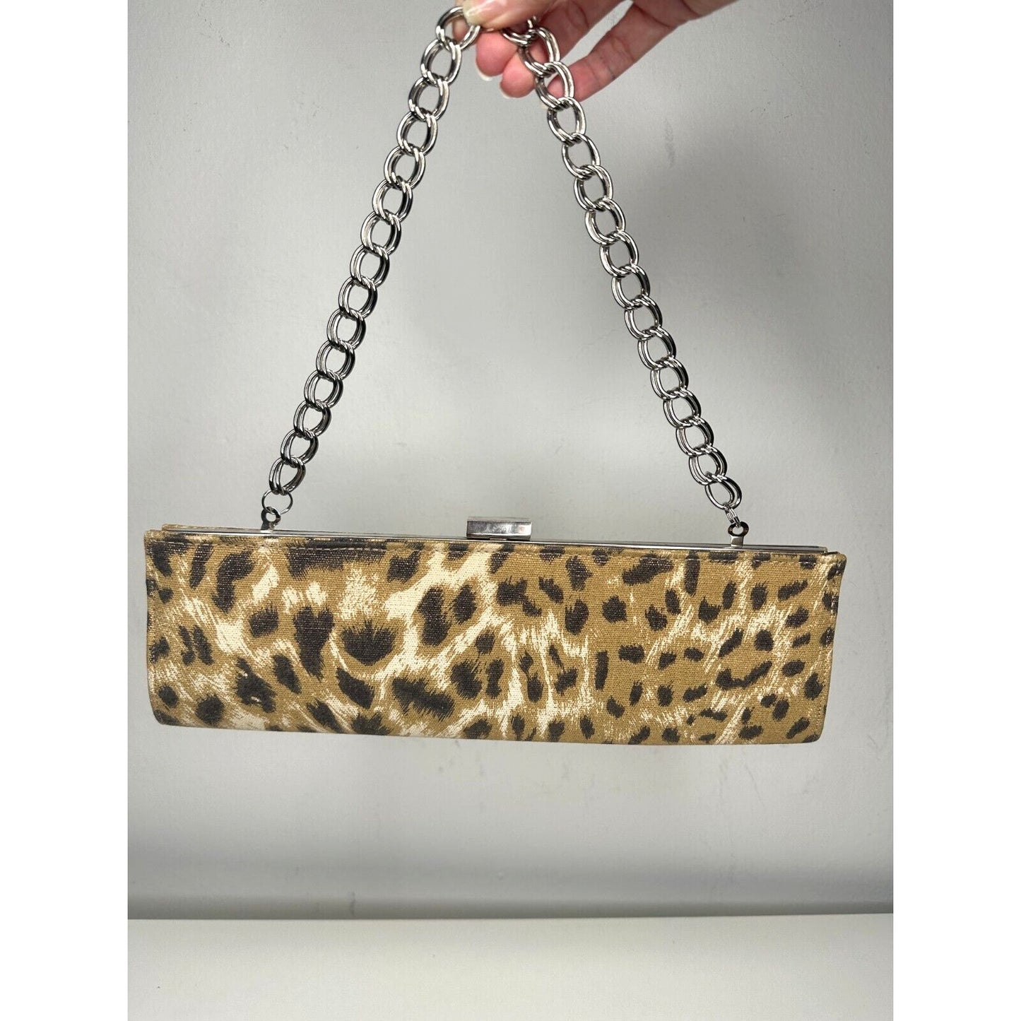 Vintage Fashion Express Leopard-Print Slim Clutch Silver Chain Strap Black Lined