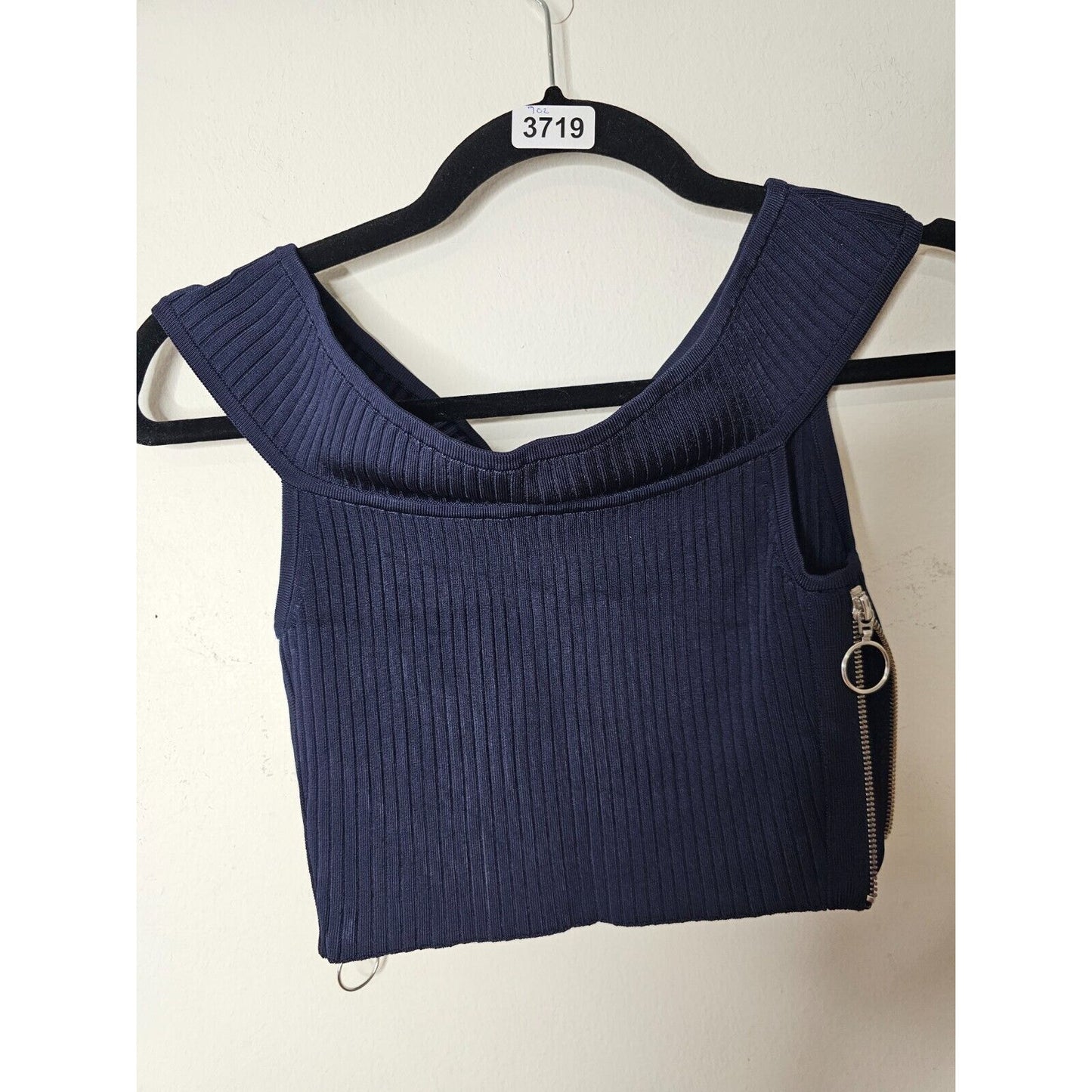 Arc Navy Blue Off Shoulder Ribbed Sweater Silver Side Zip Crop Top P S