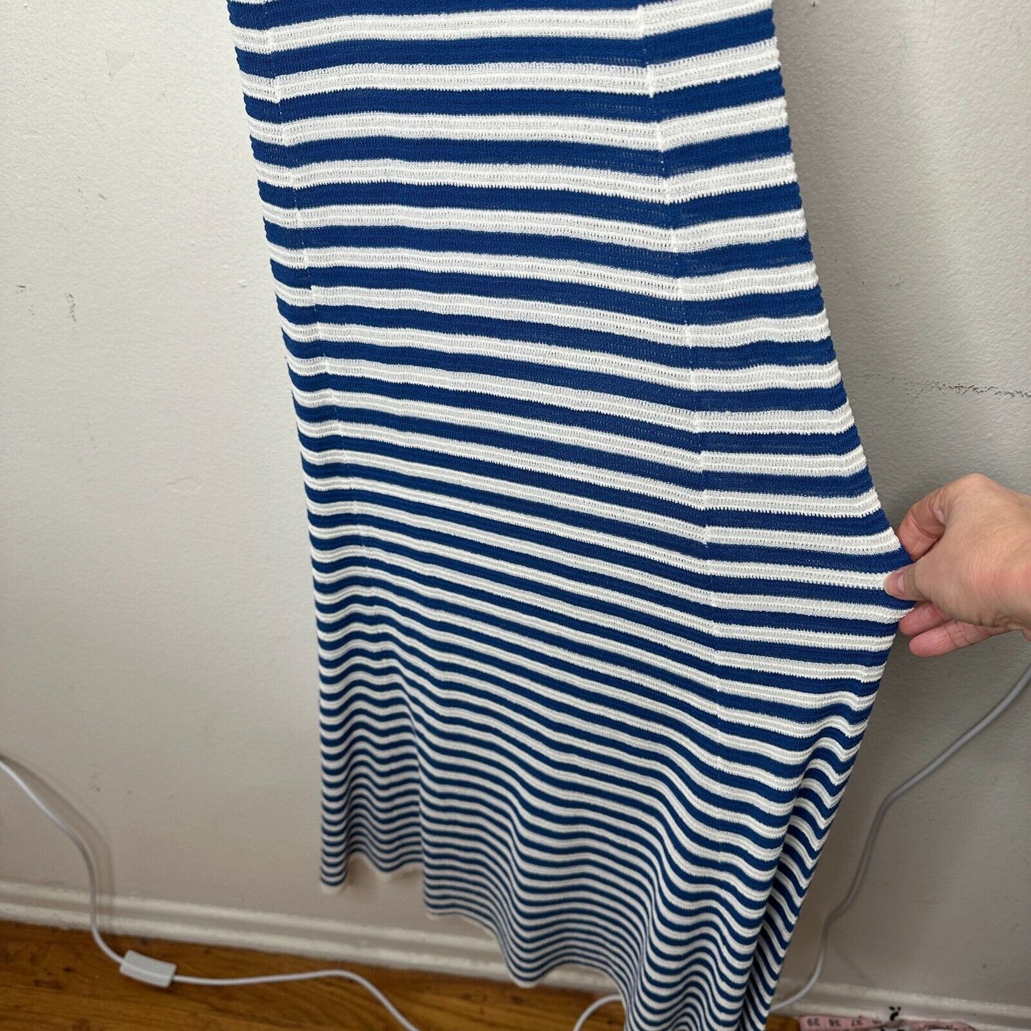 MNG White & Blue Striped Fine Knit V-Neck Thin Straps Maxi Stretch Dress XXS