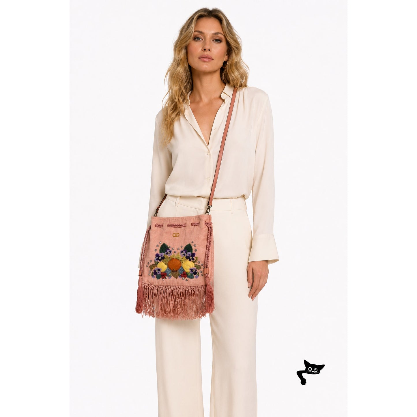 NWOT Valentino Garavani Nellcôte Pink Linen Floral Fringe Crossbody Bag