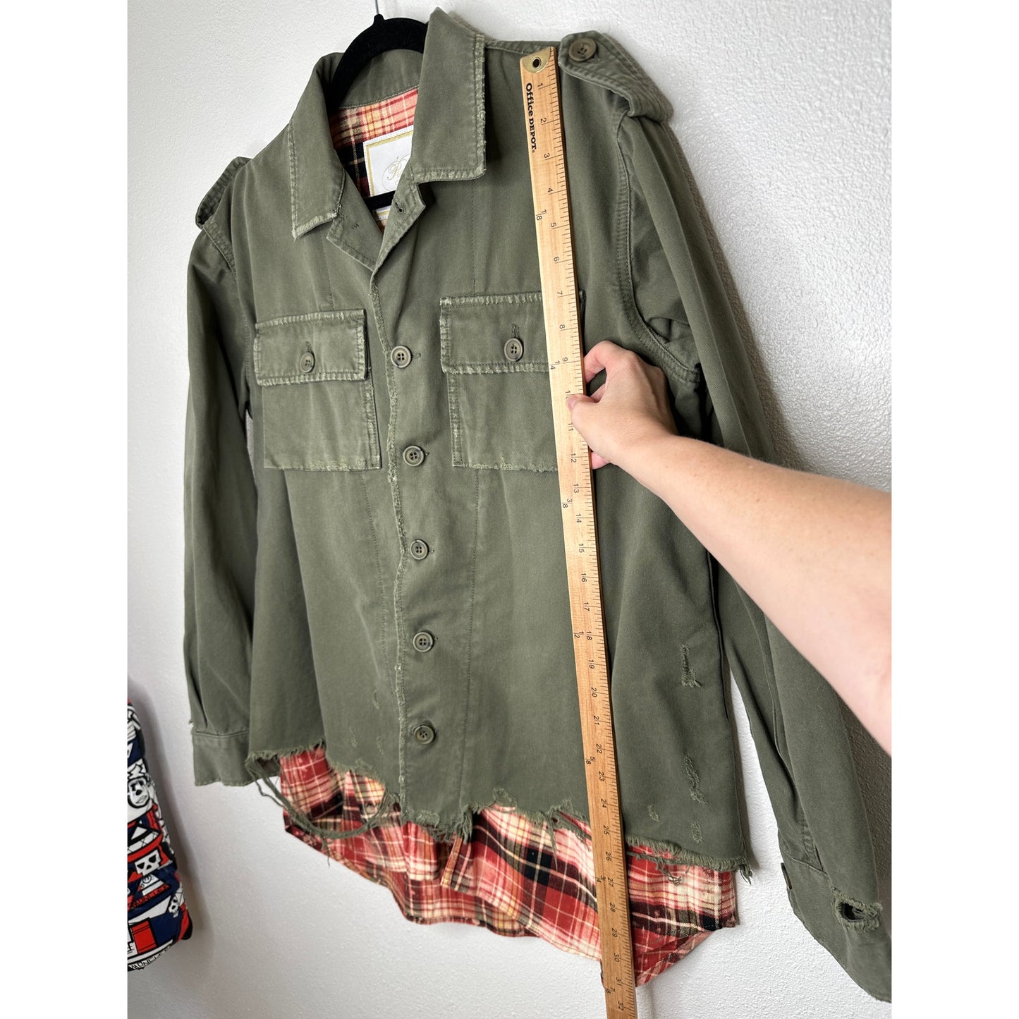 NWT Redemption Handmade Distressed Olive Military Shirt with Plaid Hem 44 / M
