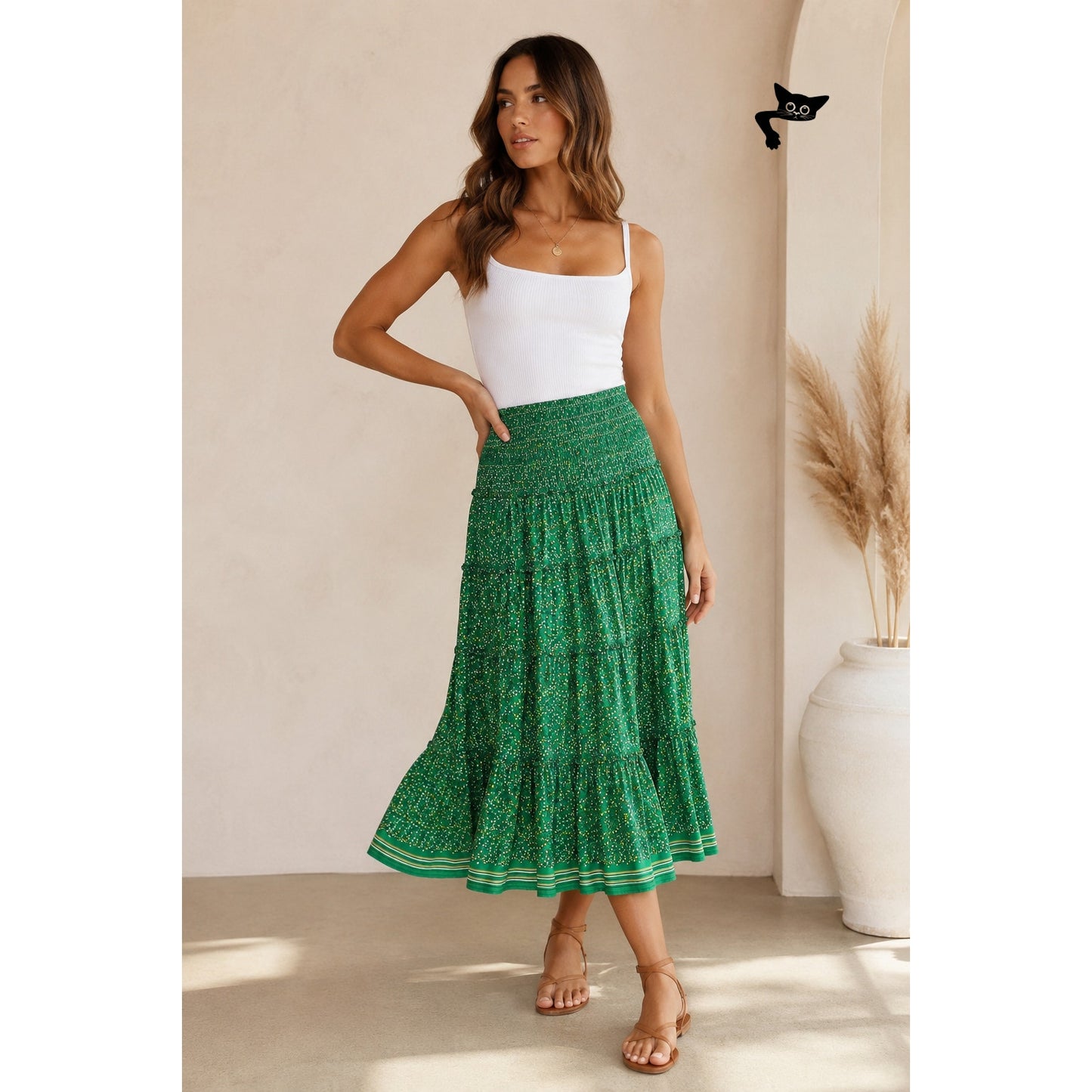 Max Studio Green Floral Tiered Midi Skirt Womens M