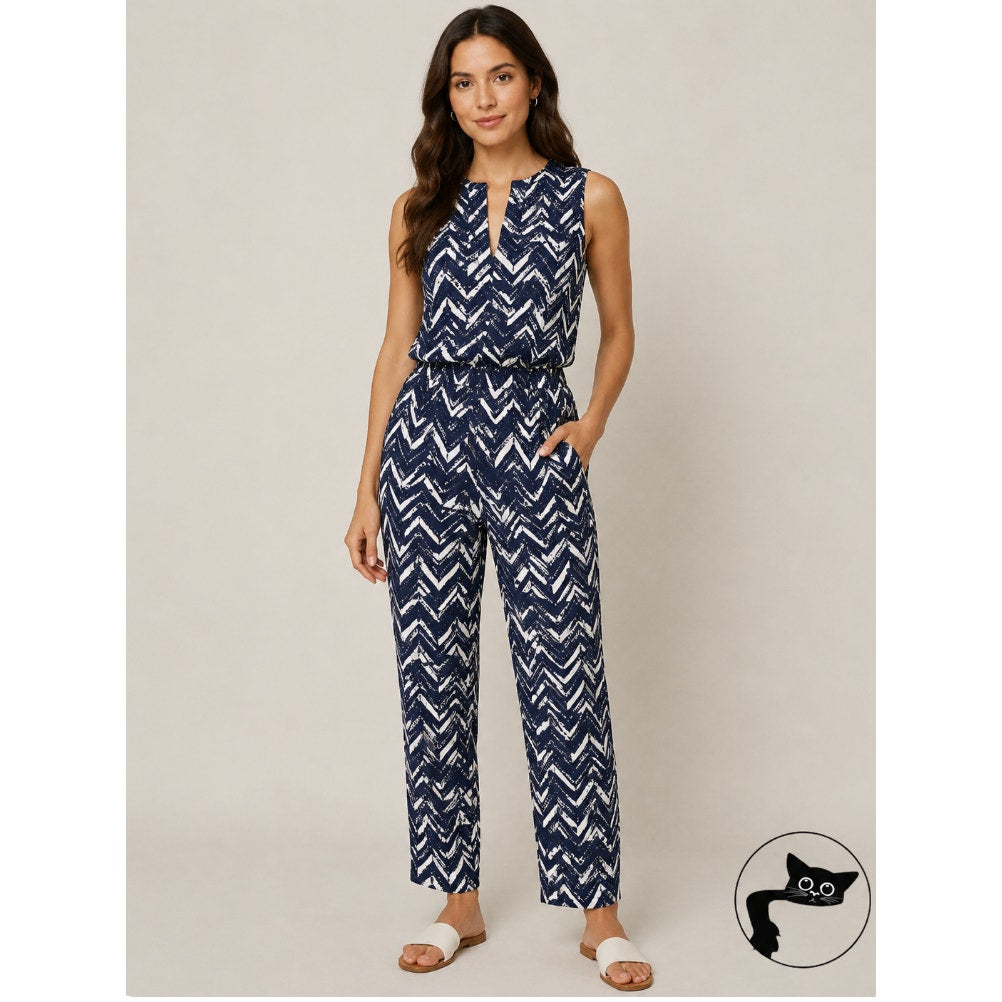J Crew Cute Linen Zig-Zag Navy and White Print Sleeveless Jumpsuit Romper Size 0